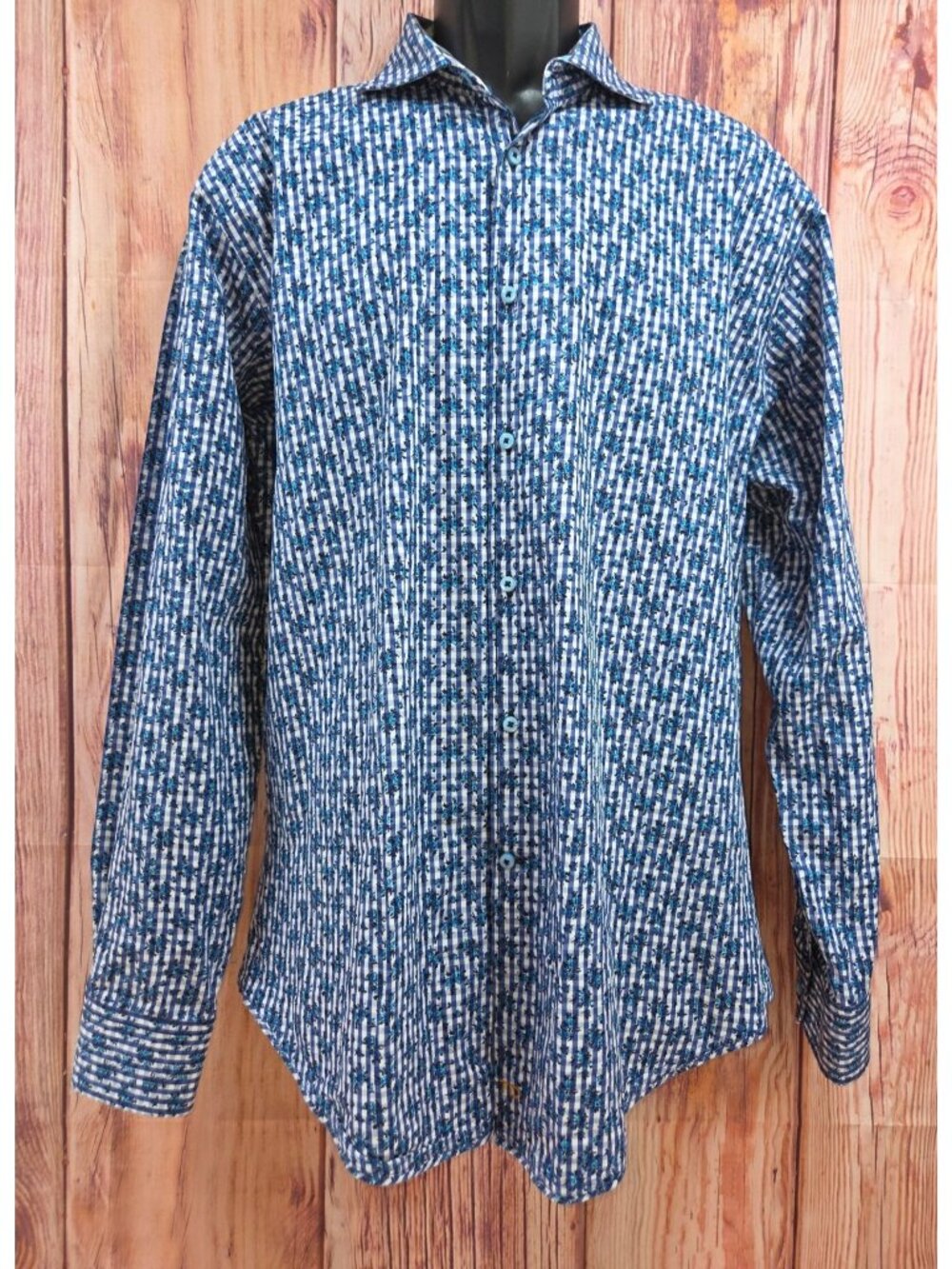 Thomas Dean Mens Blue Floral Checkered Button-Up Shirt Large